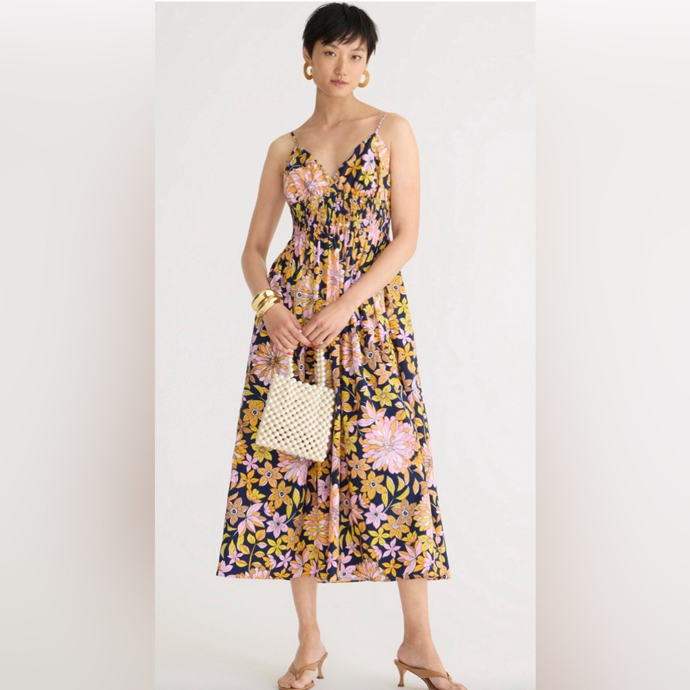 JCrew NWT V-neck smocked-waist cotton poplin dress in dusk floral